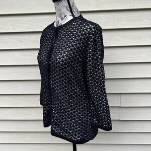 Anne Klein black and white knit mesh patterned button up cardigan